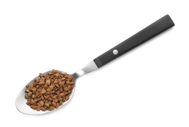 Photo of Spoon with instant coffee isolated on white, top view
