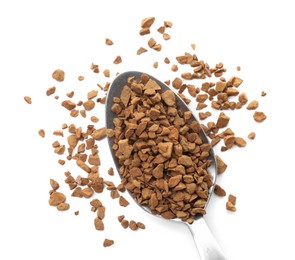 Photo of Spoon with instant coffee isolated on white, top view