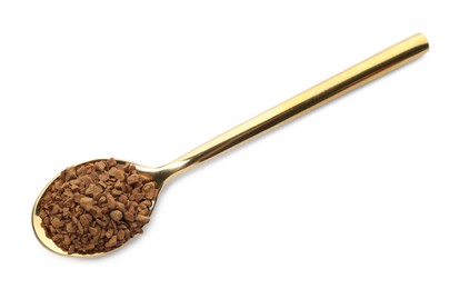 Photo of Spoon with instant coffee isolated on white, top view