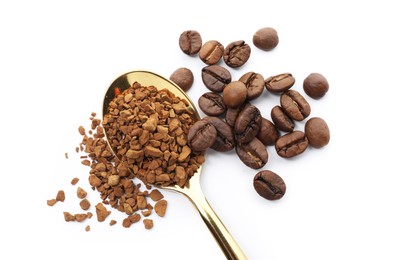 Photo of Spoon with instant coffee and beans isolated on white, top view