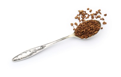 Photo of Spoon with instant coffee isolated on white, top view