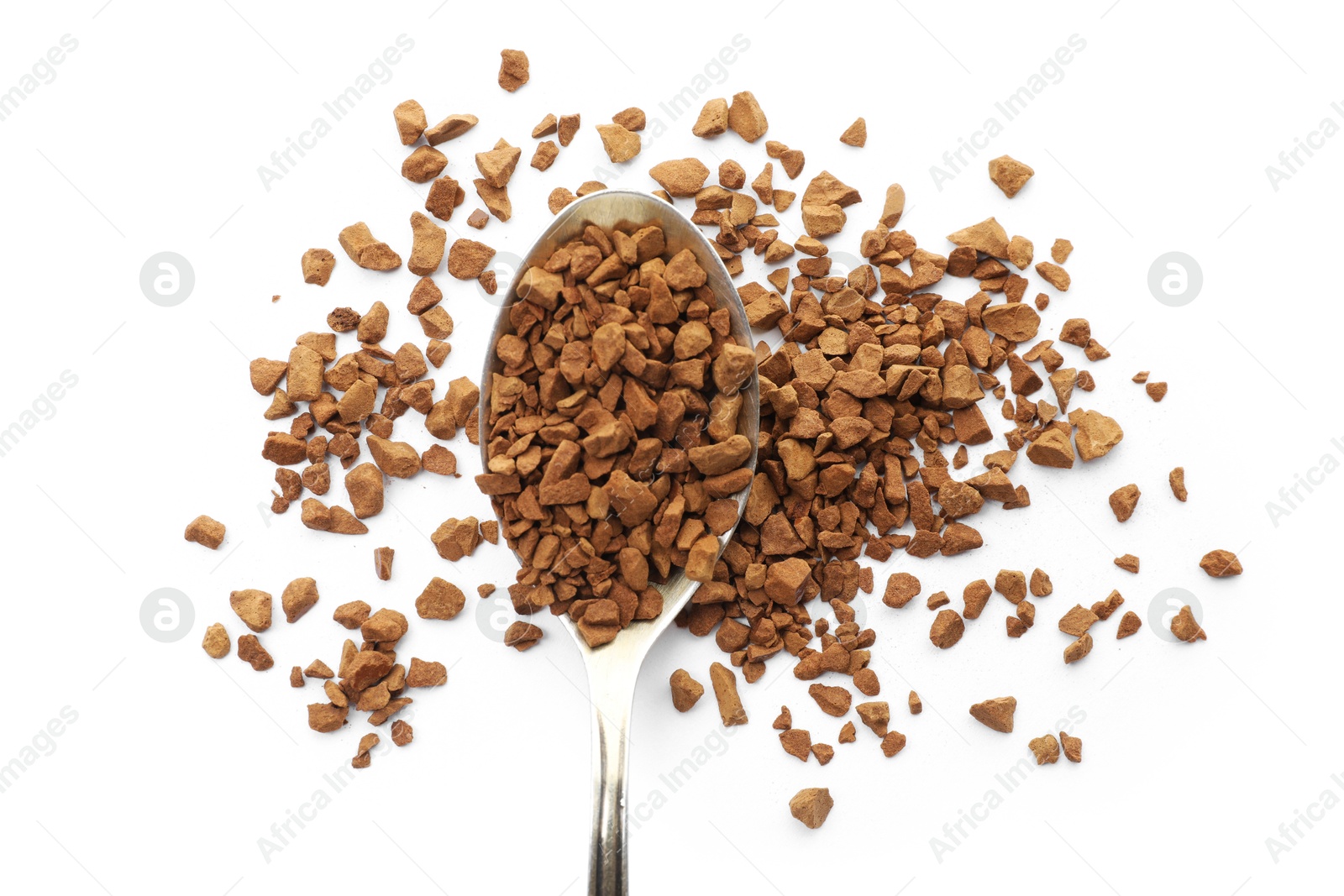 Spoon with instant coffee isolated on white, top view Photo of Spoon with instant coffee isolated on white, top view