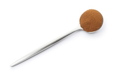 Photo of Spoon with instant coffee isolated on white, top view