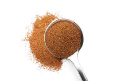 Photo of Spoon with instant coffee isolated on white, top view