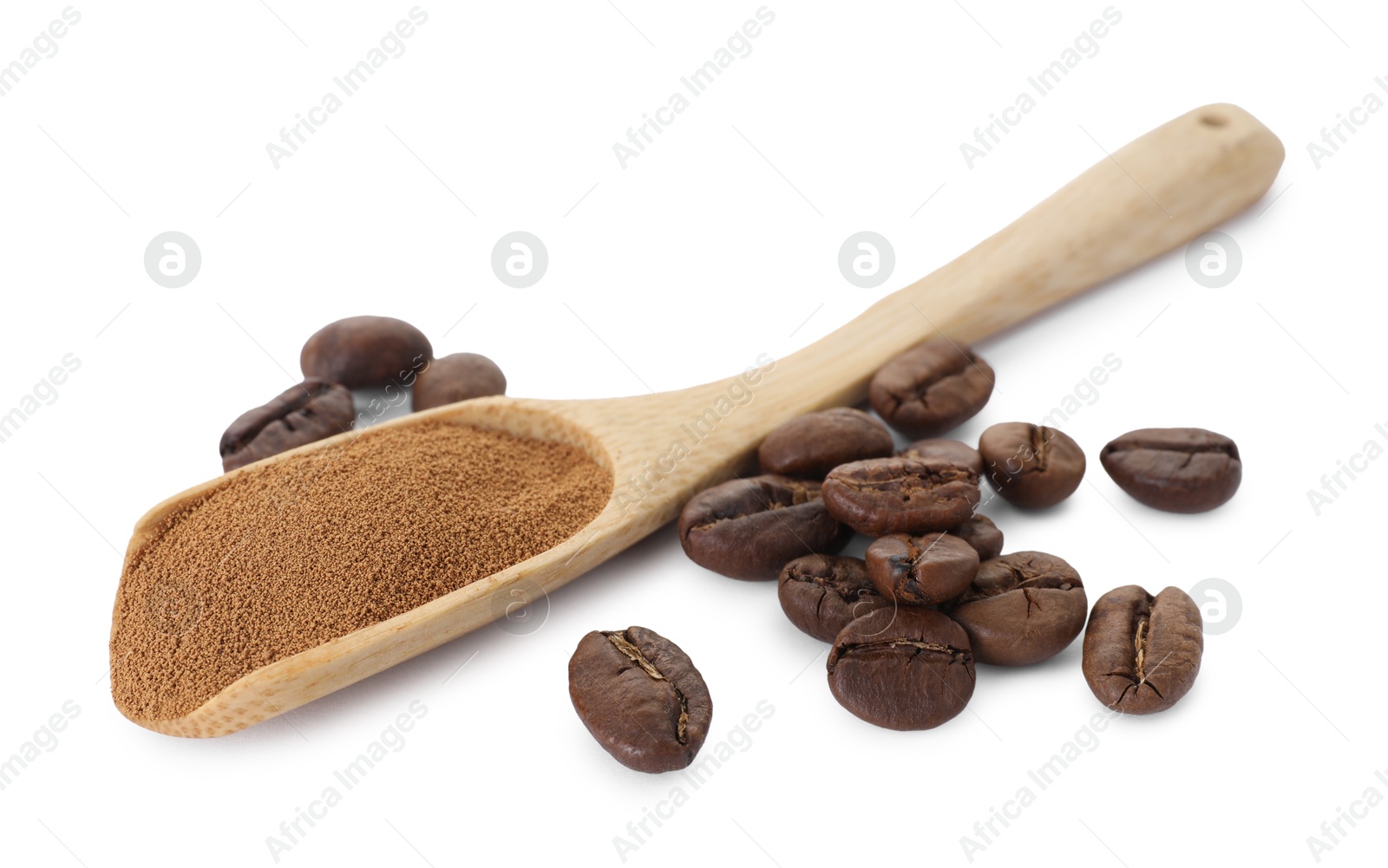 Wooden spoon with instant coffee and beans isolated on white Photo of Wooden spoon with instant coffee and beans isolated on white