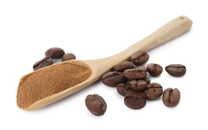 Photo of Wooden spoon with instant coffee and beans isolated on white