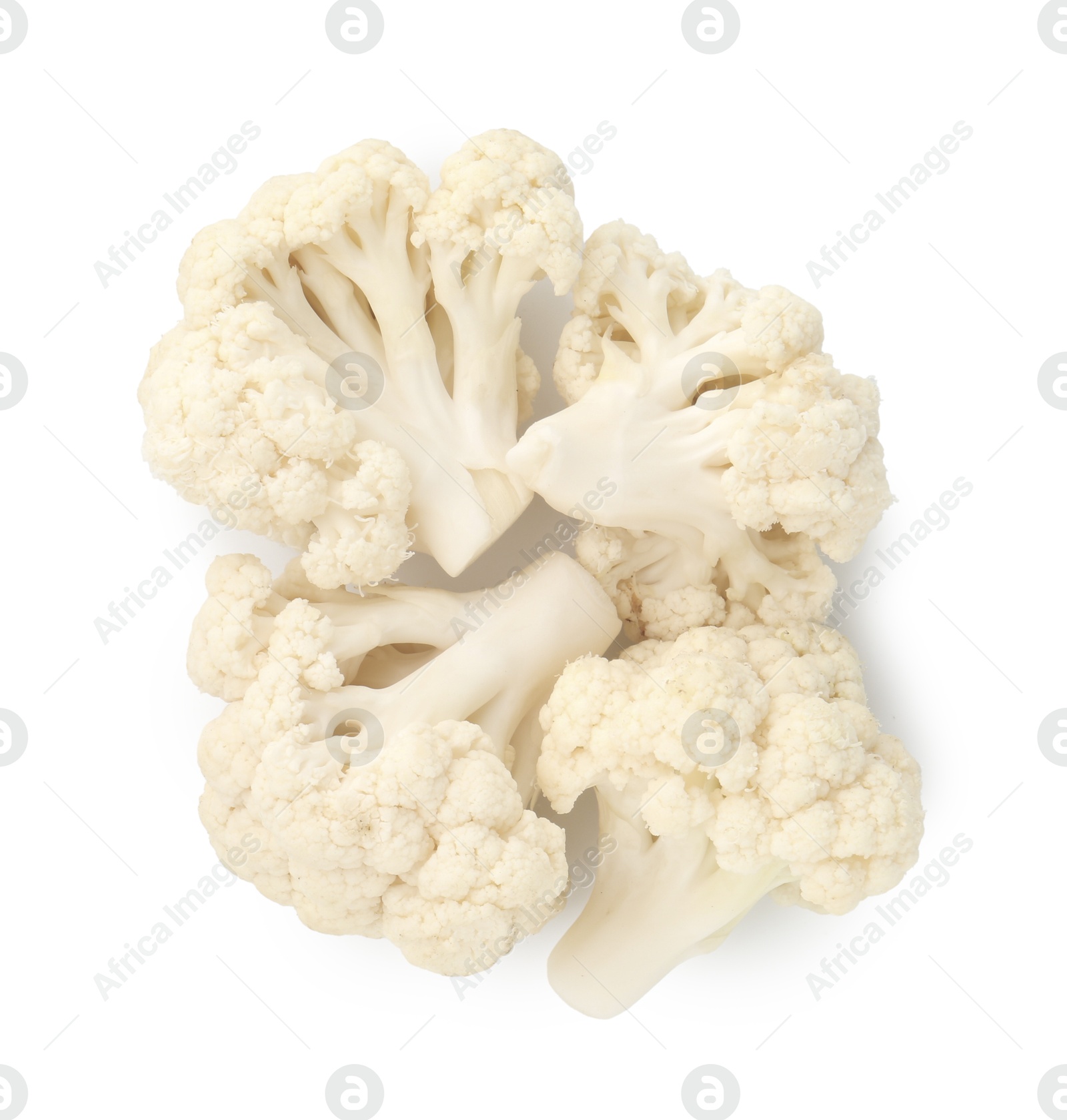 Fresh raw cauliflower florets isolated on white, top view Photo of Fresh raw cauliflower florets isolated on white, top view