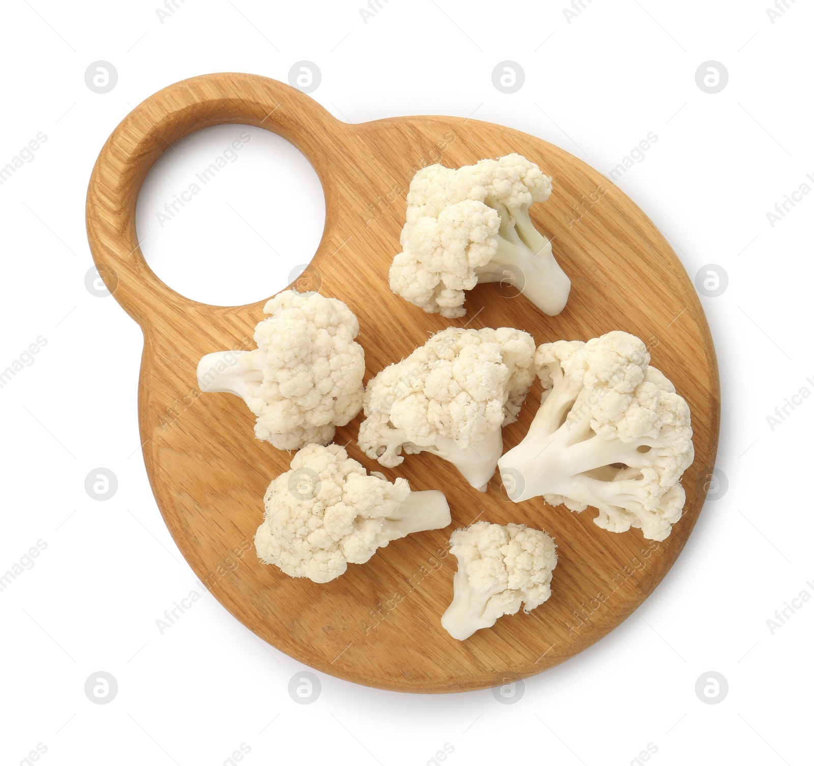 Fresh raw cauliflower florets isolated on white, top view Photo of Fresh raw cauliflower florets isolated on white, top view