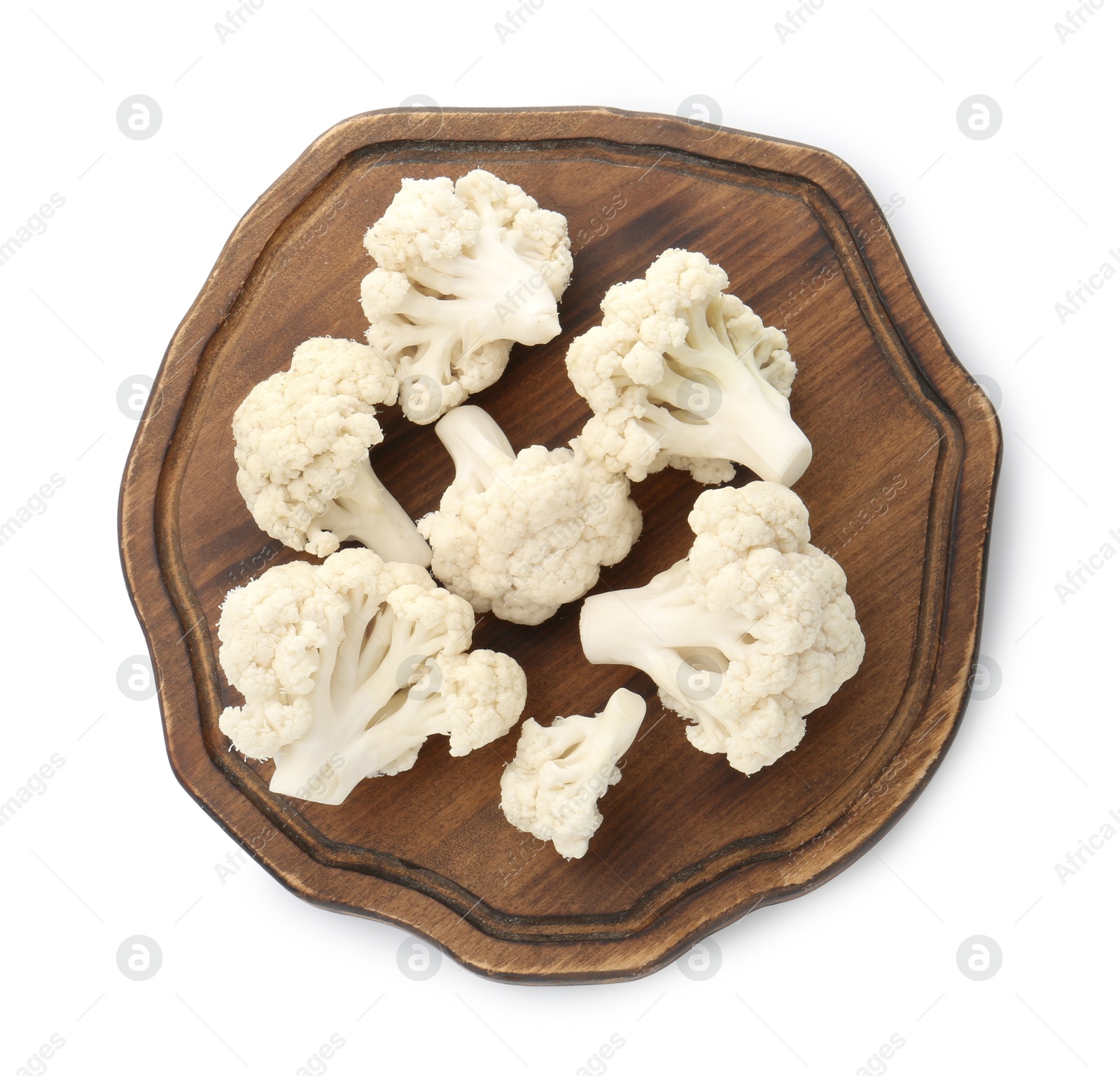 Fresh raw cauliflower florets isolated on white, top view Photo of Fresh raw cauliflower florets isolated on white, top view