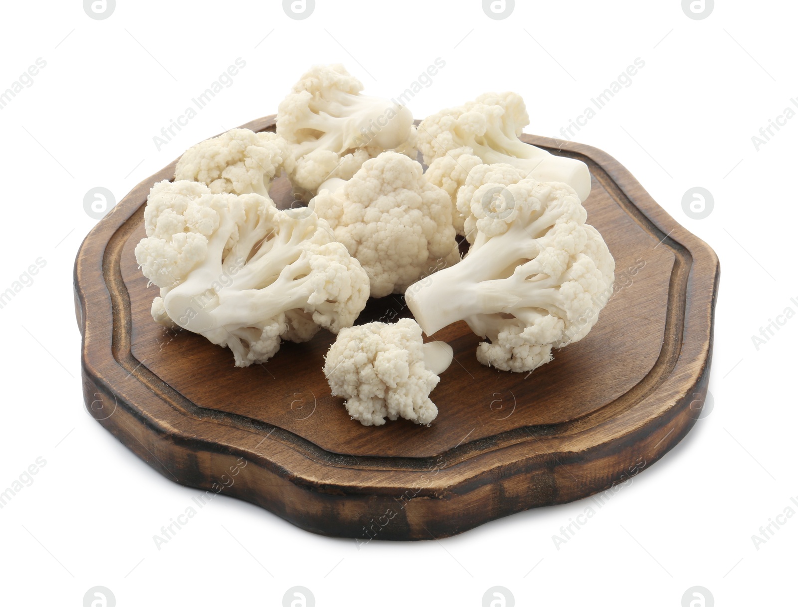 Fresh raw cauliflower florets isolated on white Photo of Fresh raw cauliflower florets isolated on white