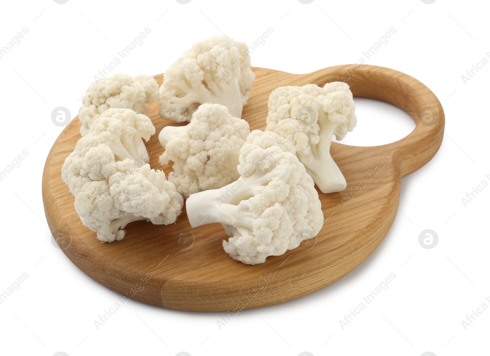 Fresh raw cauliflower florets isolated on white Photo of Fresh raw cauliflower florets isolated on white