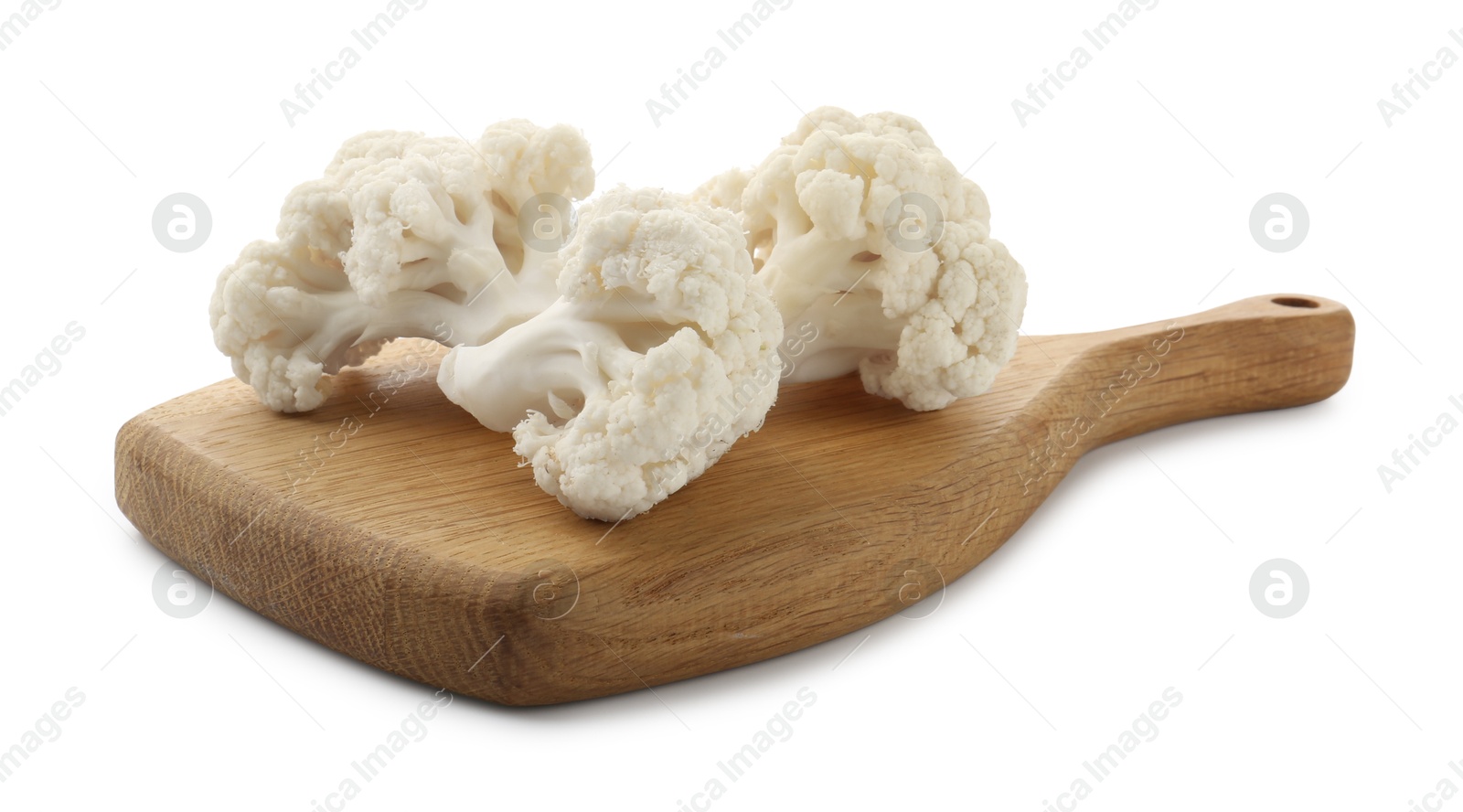 Fresh raw cauliflower florets isolated on white Photo of Fresh raw cauliflower florets isolated on white