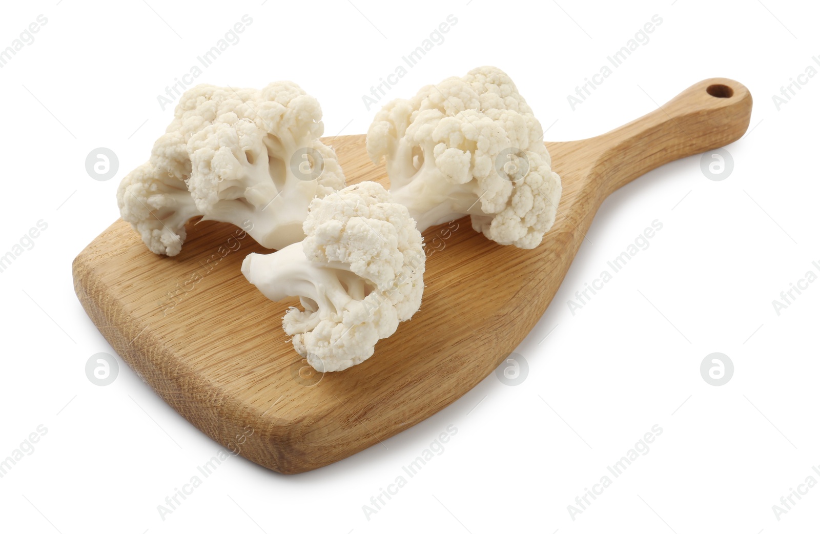 Fresh raw cauliflower florets isolated on white Photo of Fresh raw cauliflower florets isolated on white