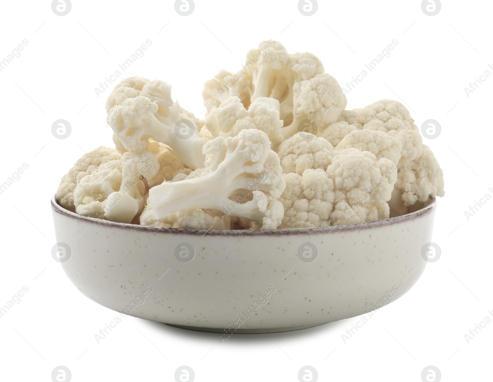 Fresh cauliflower florets in bowl isolated on white Photo of Fresh cauliflower florets in bowl isolated on white