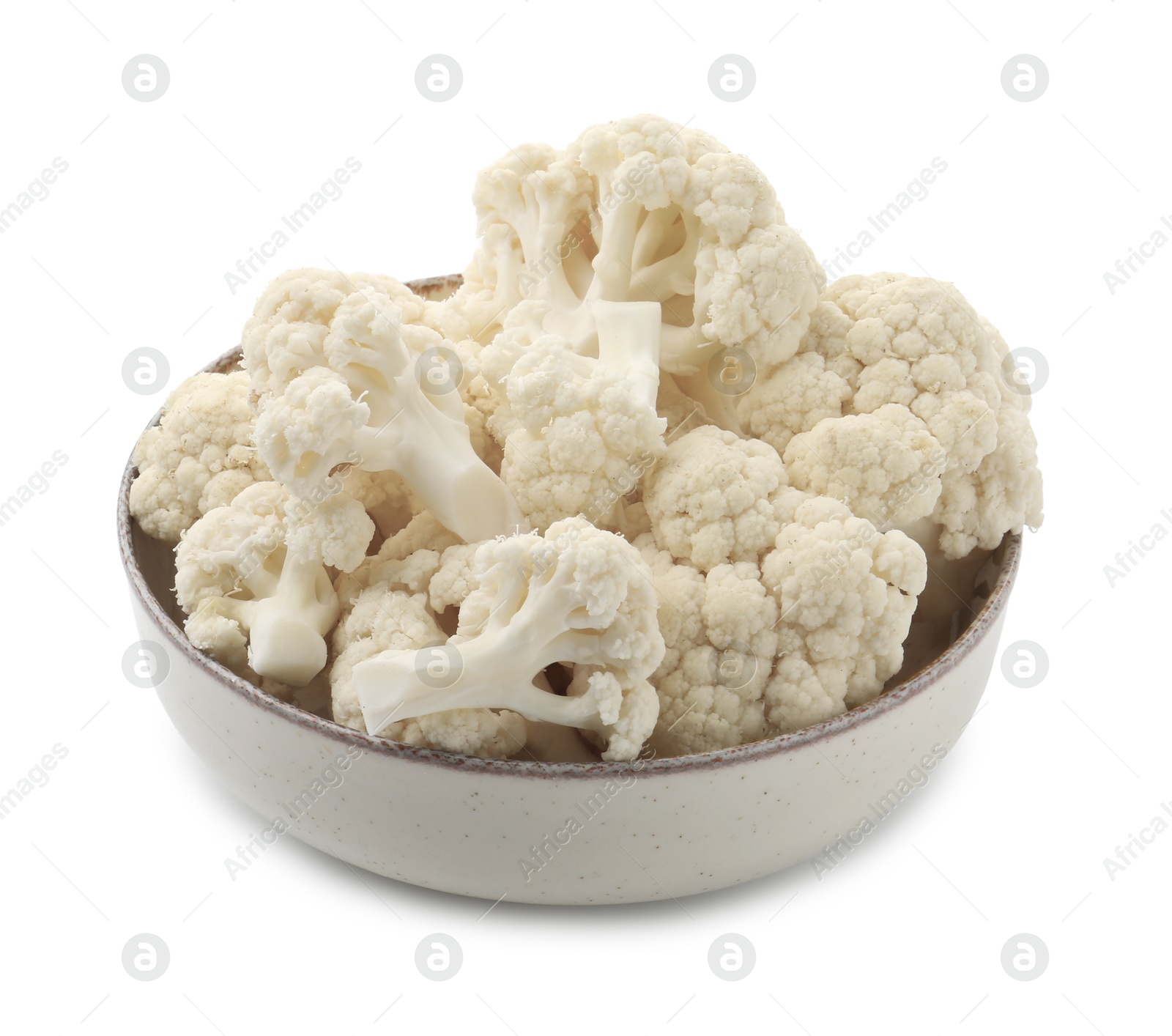 Fresh cauliflower florets in bowl isolated on white Photo of Fresh cauliflower florets in bowl isolated on white