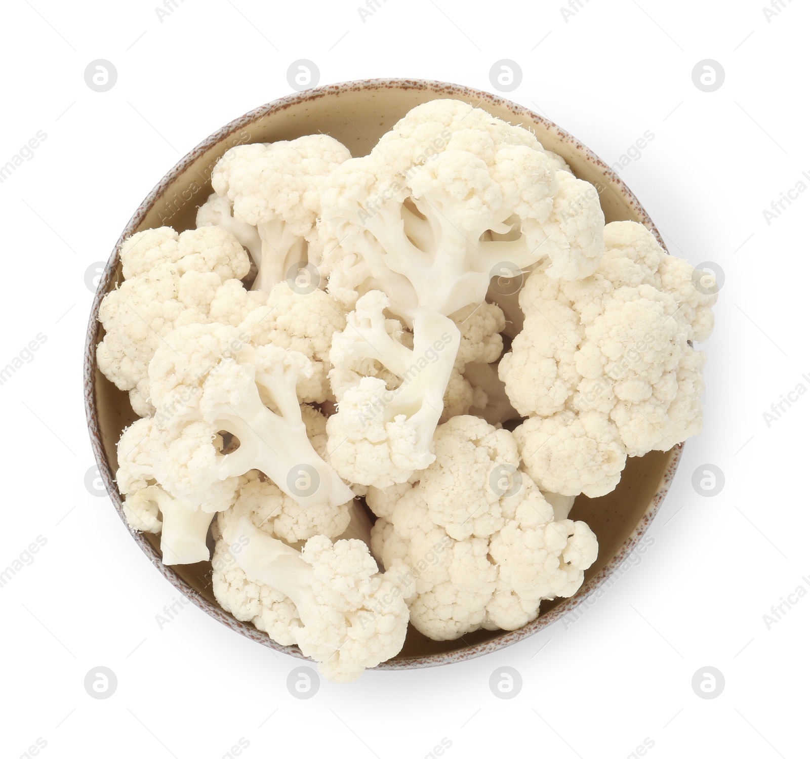 Fresh cauliflower florets in bowl isolated on white, top view Photo of Fresh cauliflower florets in bowl isolated on white, top view