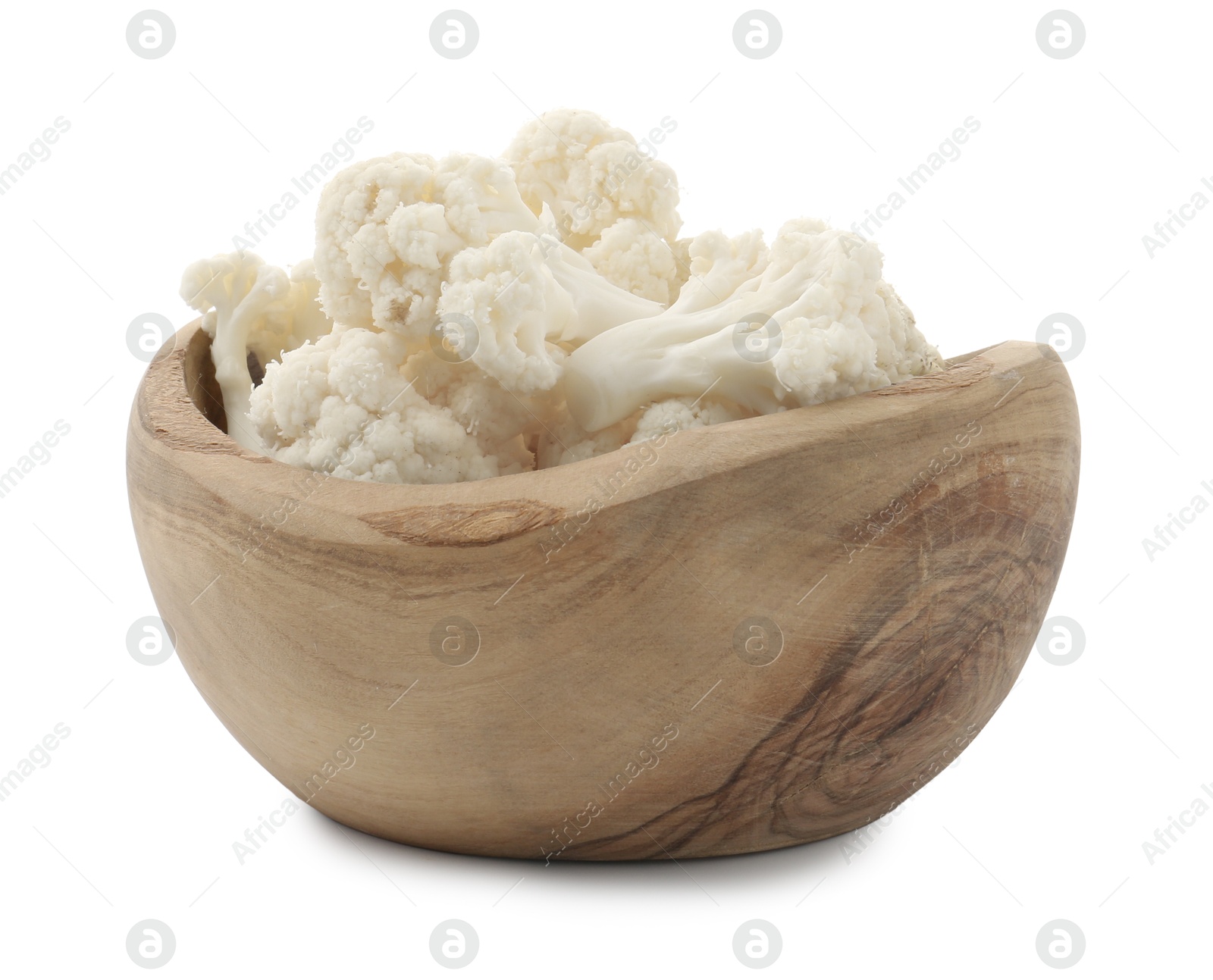Fresh cauliflower florets in bowl isolated on white Photo of Fresh cauliflower florets in bowl isolated on white
