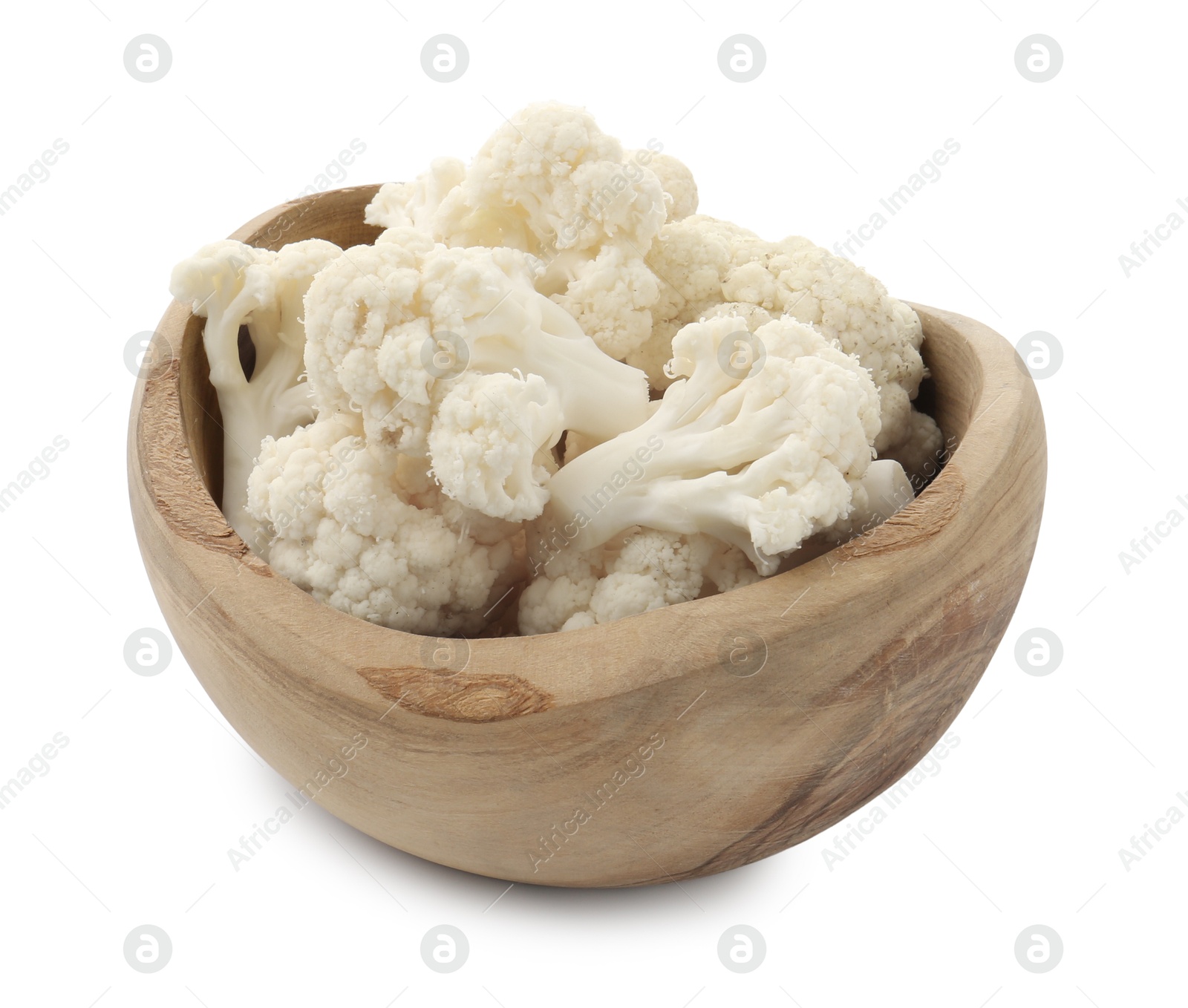 Fresh cauliflower florets in bowl isolated on white Photo of Fresh cauliflower florets in bowl isolated on white