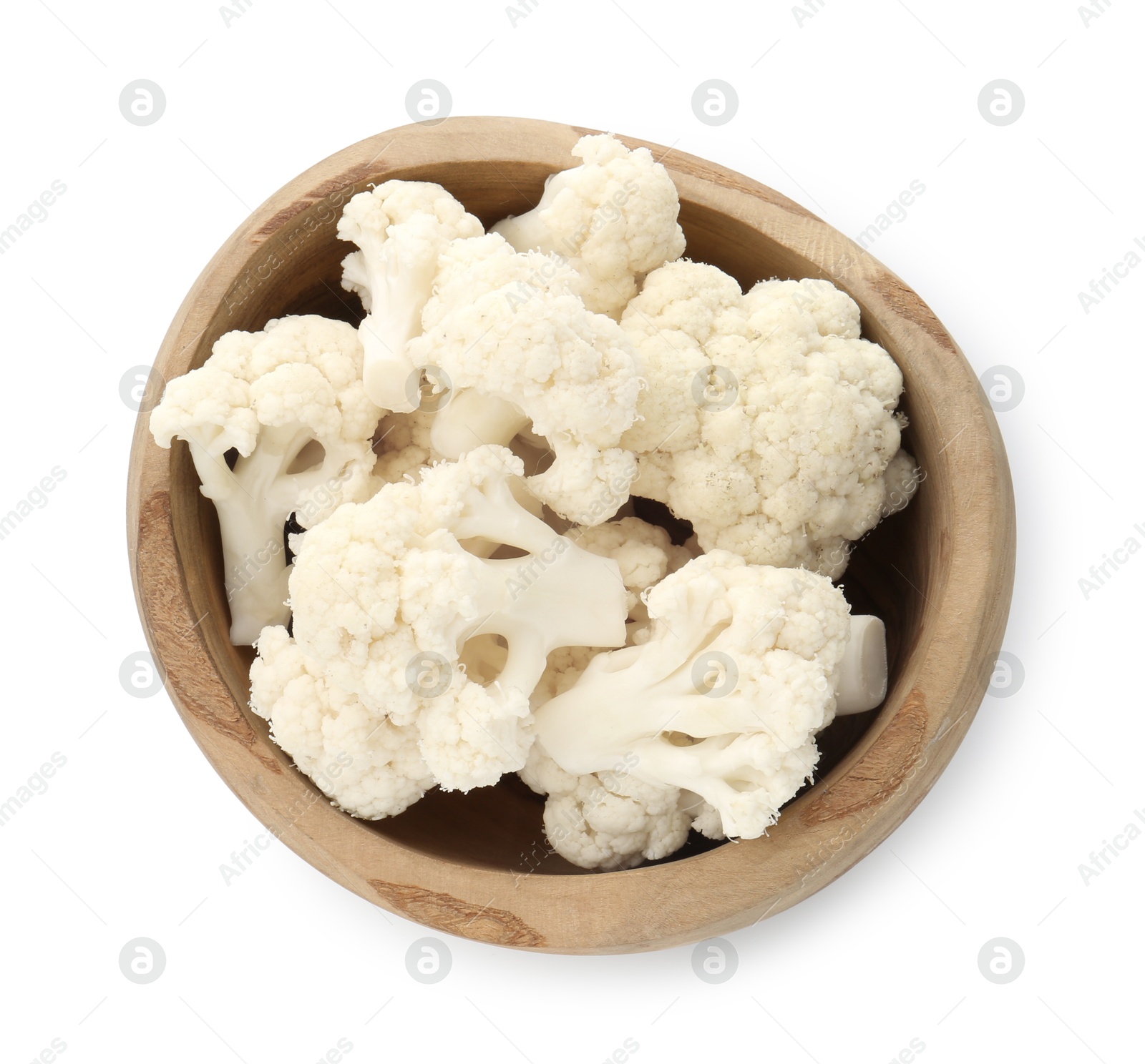 Fresh cauliflower florets in bowl isolated on white, top view Photo of Fresh cauliflower florets in bowl isolated on white, top view