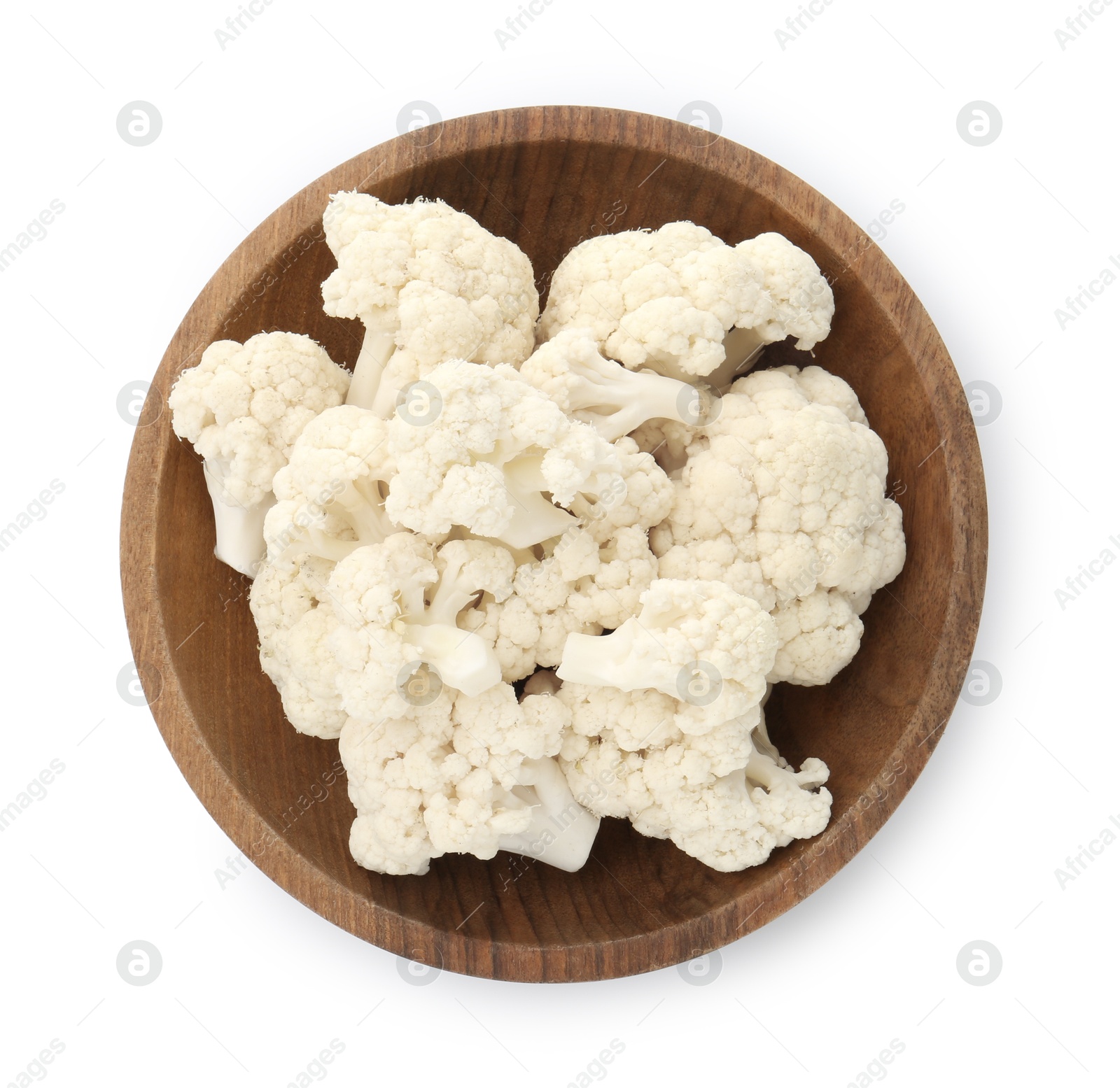 Fresh cauliflower florets in bowl isolated on white, top view Photo of Fresh cauliflower florets in bowl isolated on white, top view