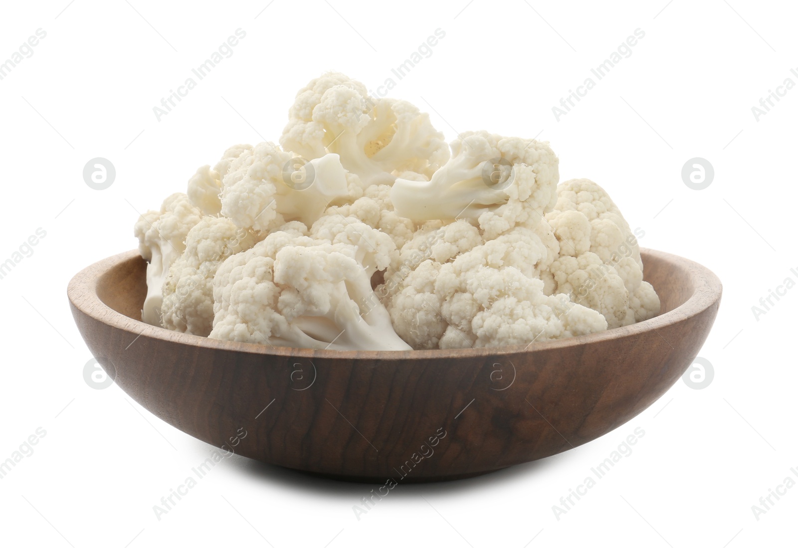 Fresh cauliflower florets in bowl isolated on white Photo of Fresh cauliflower florets in bowl isolated on white