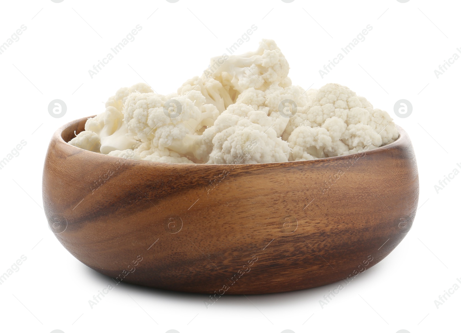 Fresh cauliflower florets in bowl isolated on white Photo of Fresh cauliflower florets in bowl isolated on white