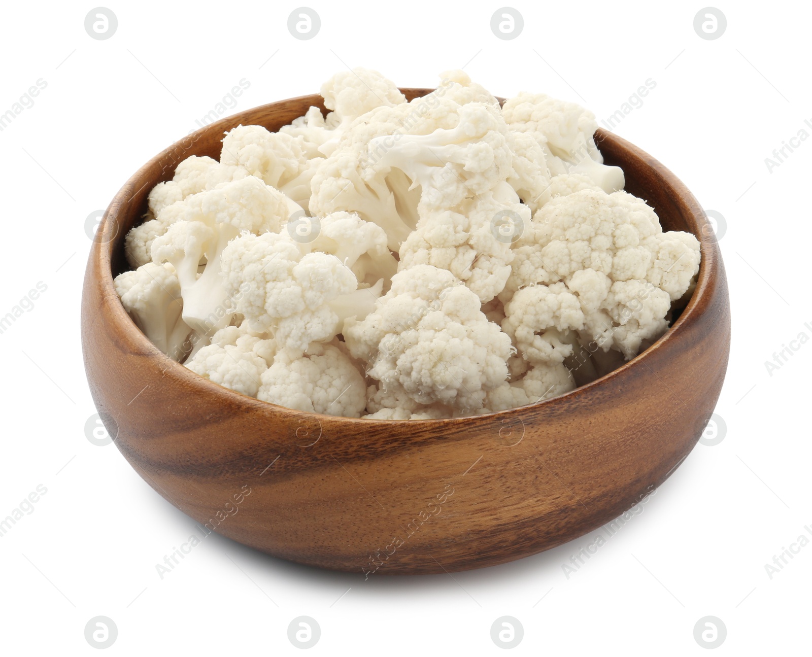 Fresh cauliflower florets in bowl isolated on white Photo of Fresh cauliflower florets in bowl isolated on white
