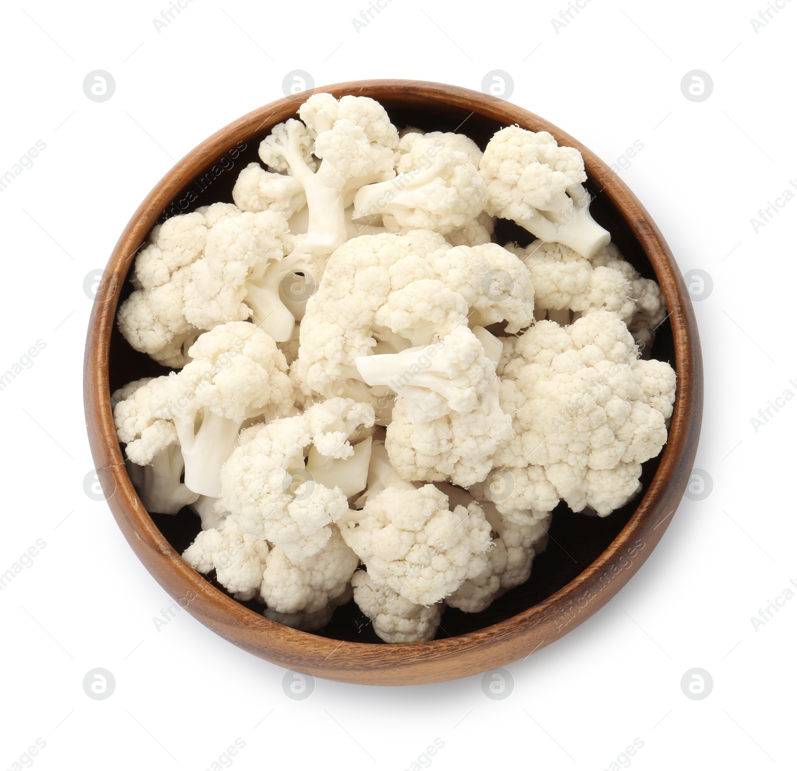 Fresh cauliflower florets in bowl isolated on white, above view Photo of Fresh cauliflower florets in bowl isolated on white, above view