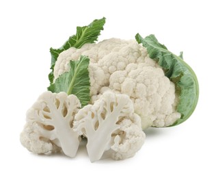 Photo of One fresh cauliflower head and pieces of floret isolated on white