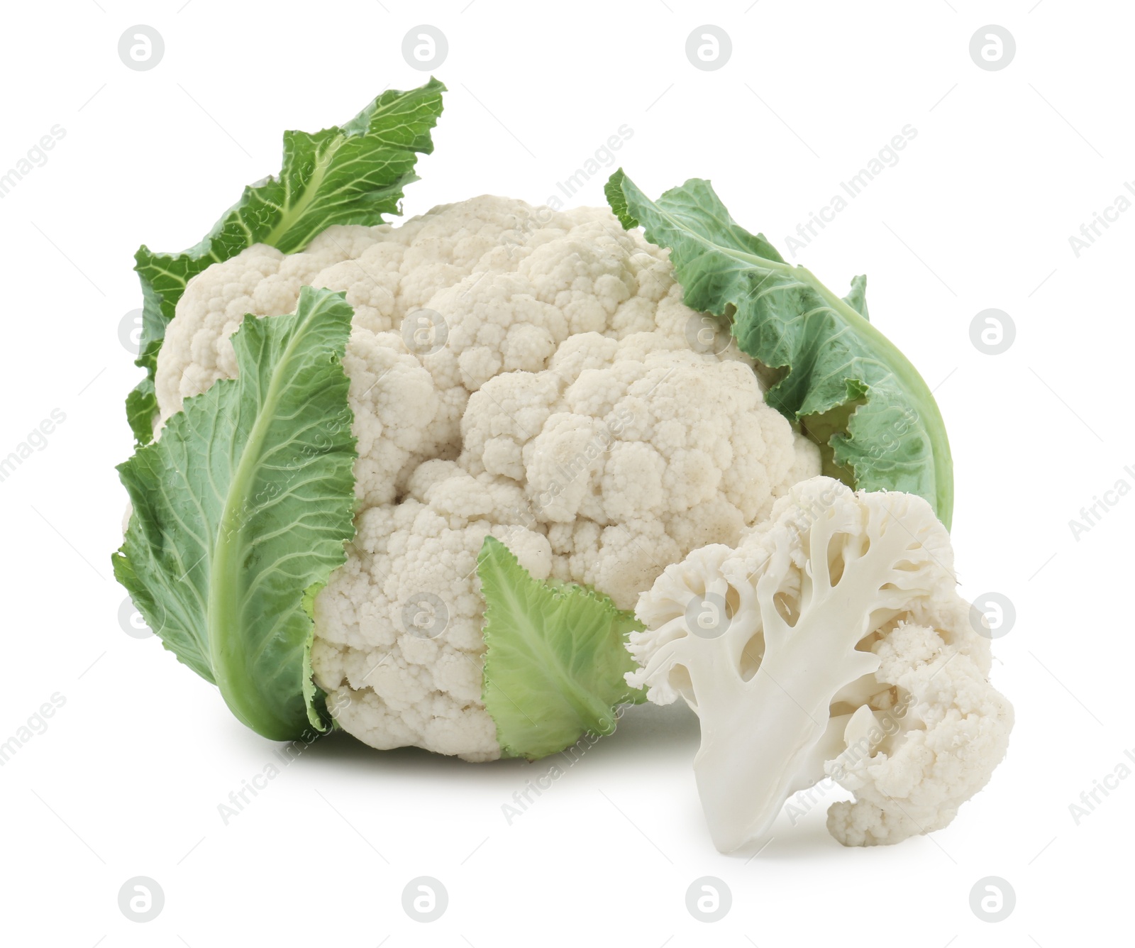 One fresh cauliflower head and piece of floret isolated on white Photo of One fresh cauliflower head and piece of floret isolated on white