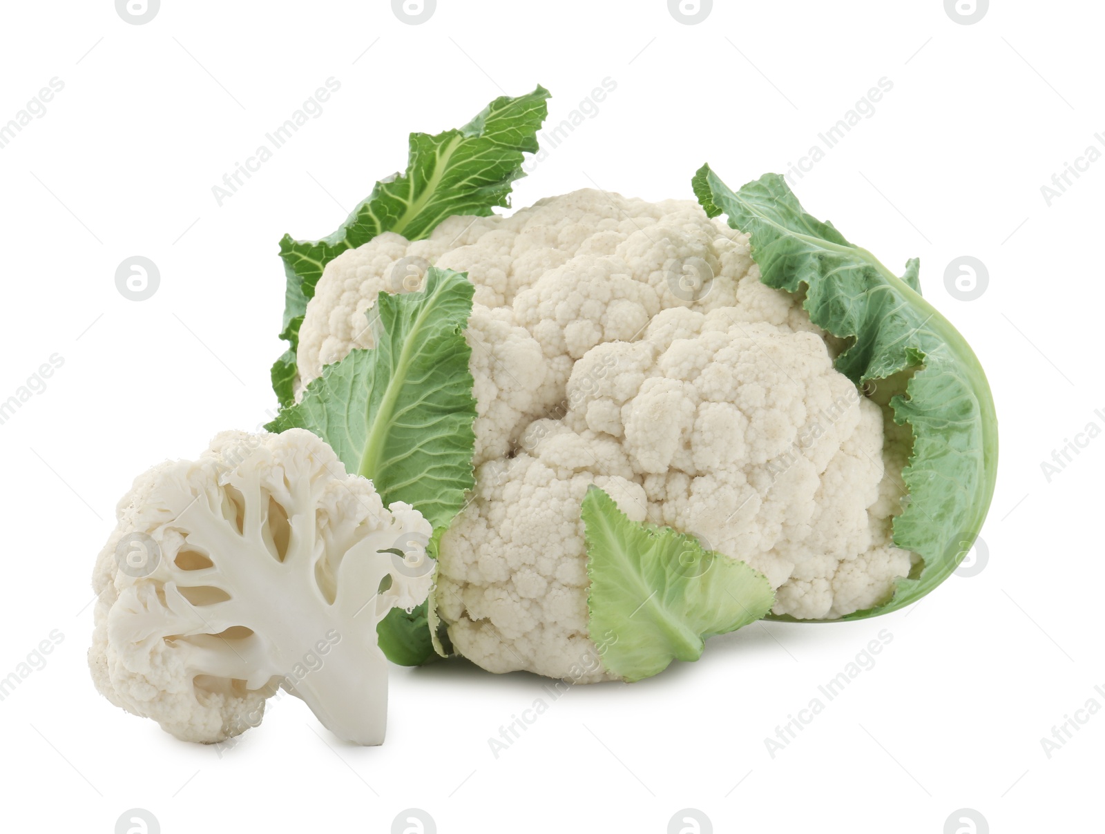 One fresh cauliflower head and piece of floret isolated on white Photo of One fresh cauliflower head and piece of floret isolated on white