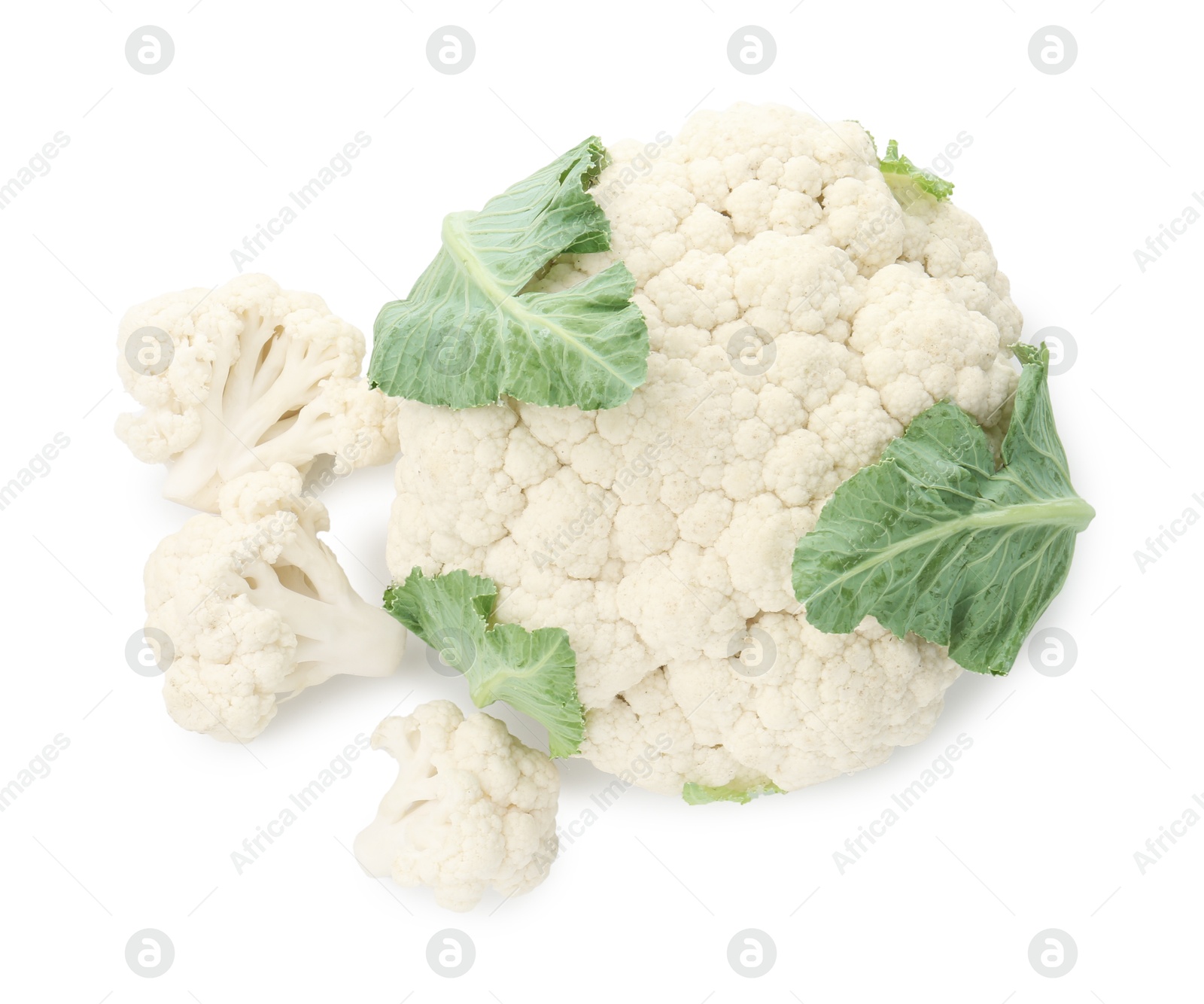 One fresh cauliflower head and florets isolated on white, top view Photo of One fresh cauliflower head and florets isolated on white, top view
