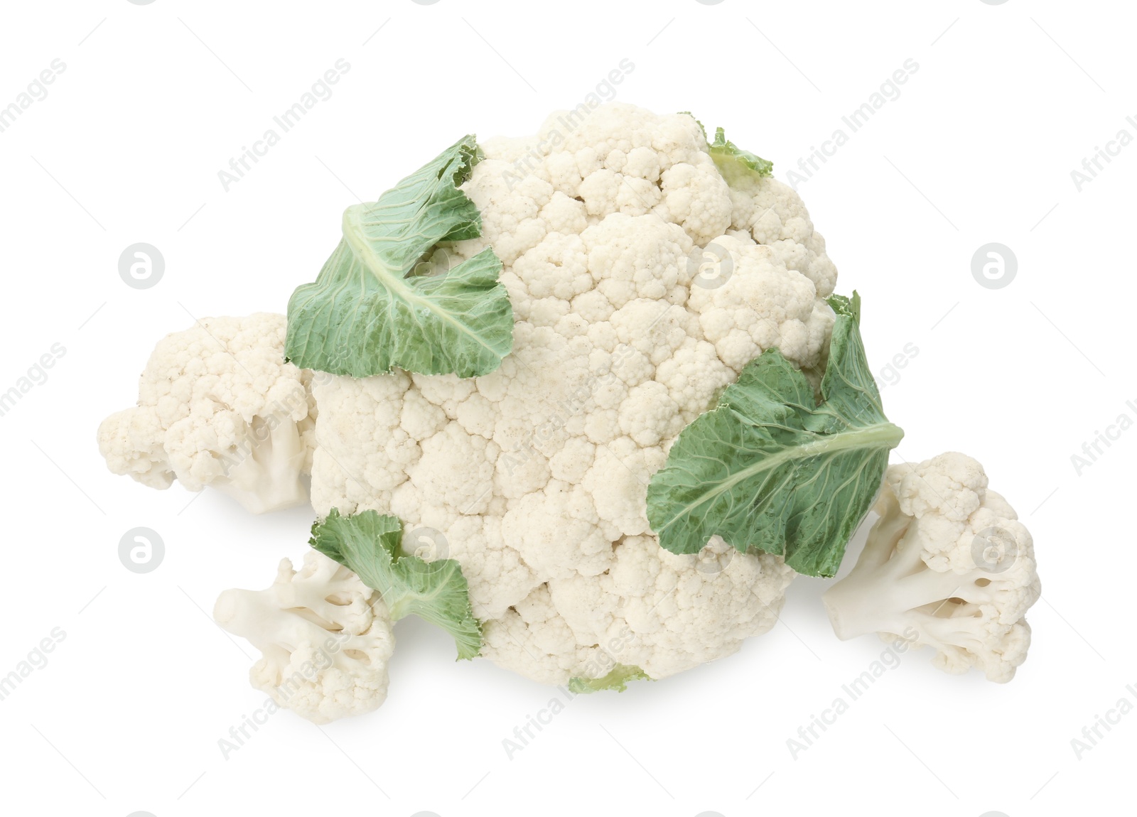 One fresh cauliflower head and florets isolated on white, top view Photo of One fresh cauliflower head and florets isolated on white, top view