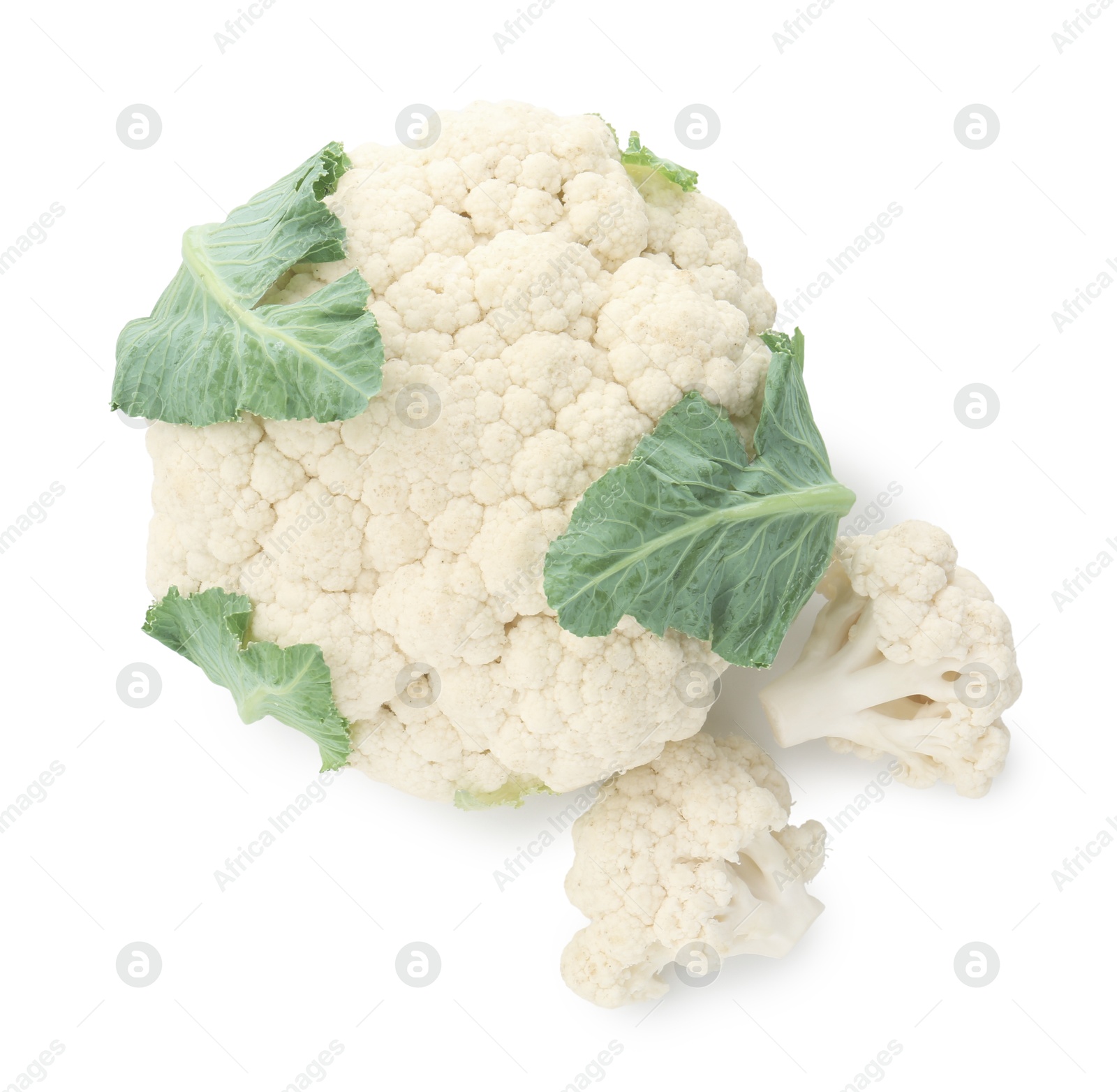 One fresh cauliflower head and florets isolated on white, top view Photo of One fresh cauliflower head and florets isolated on white, top view