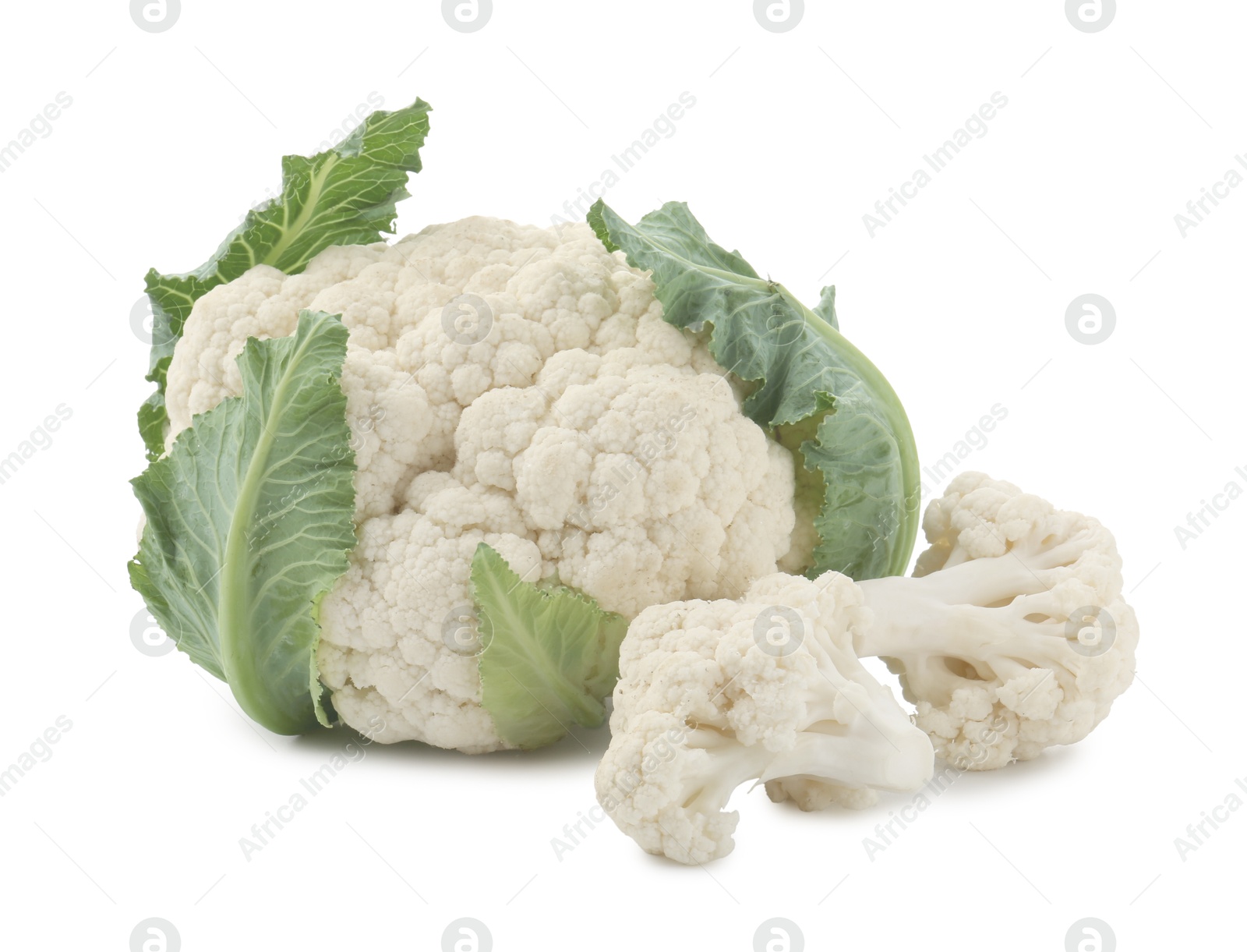 One fresh cauliflower head and florets isolated on white Photo of One fresh cauliflower head and florets isolated on white