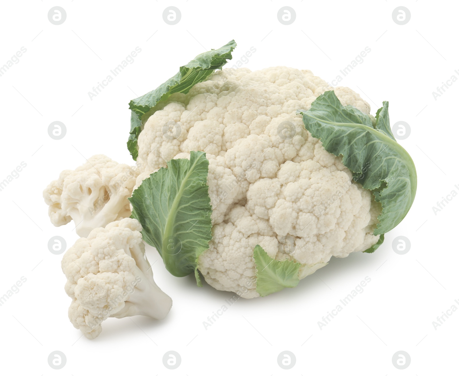 One fresh cauliflower head and florets isolated on white Photo of One fresh cauliflower head and florets isolated on white