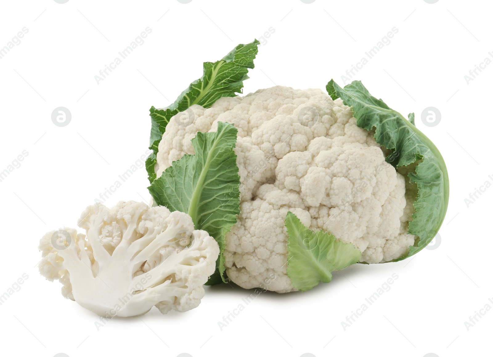 One fresh cauliflower head and piece of floret isolated on white Photo of One fresh cauliflower head and piece of floret isolated on white
