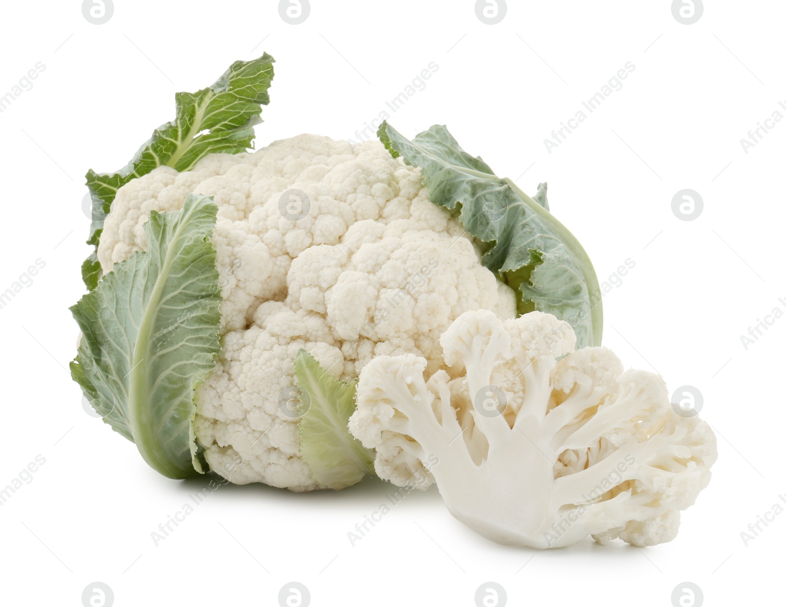 One fresh cauliflower head and piece of floret isolated on white Photo of One fresh cauliflower head and piece of floret isolated on white