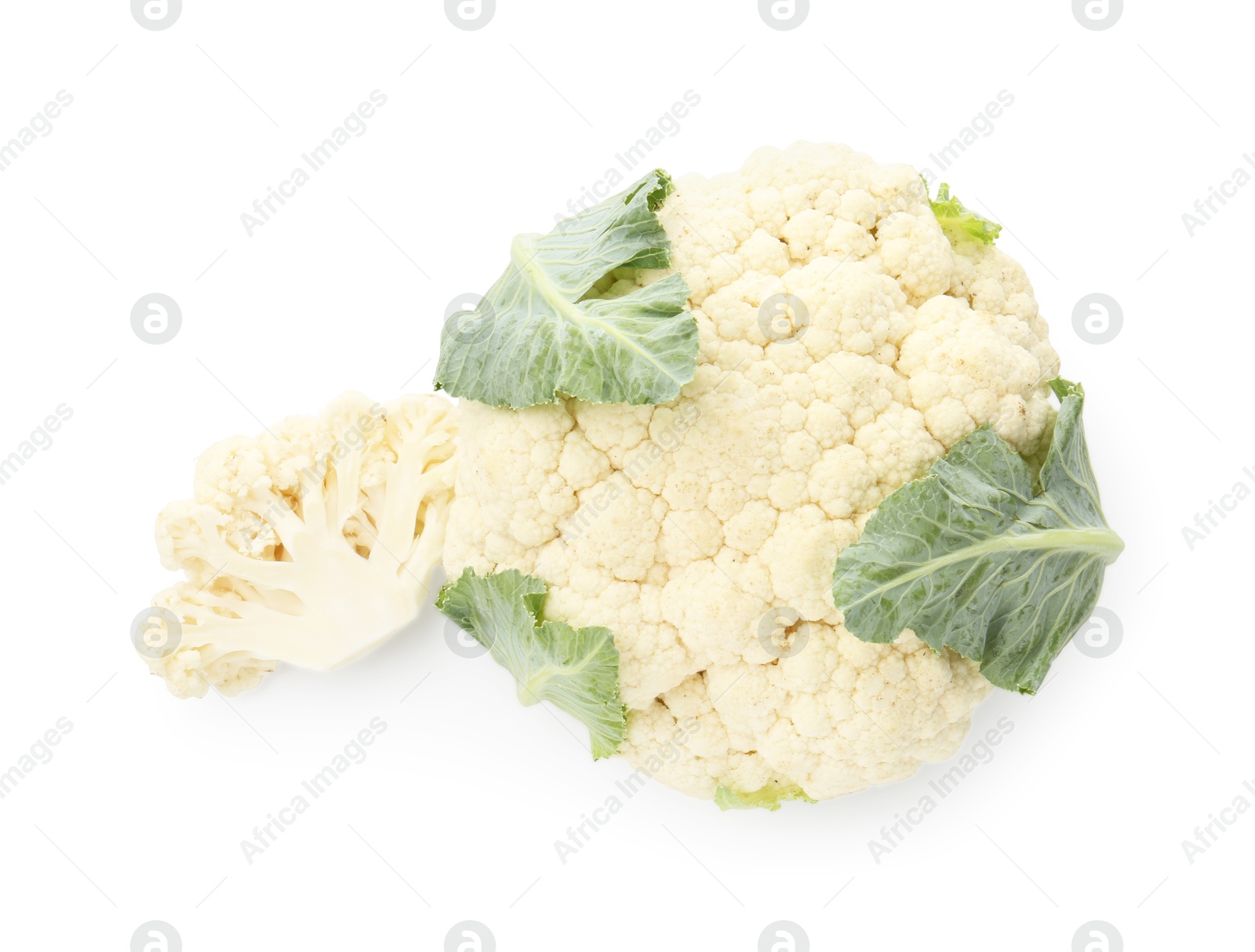One fresh cauliflower head and piece of floret isolated on white, top view Photo of One fresh cauliflower head and piece of floret isolated on white, top view
