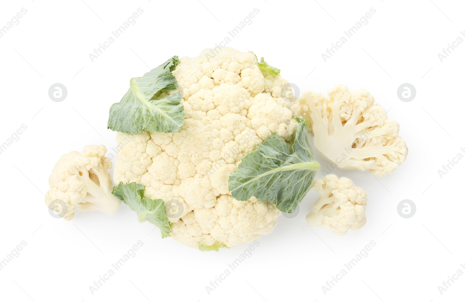 Fresh cauliflower head and pieces of florets isolated on white, top view Photo of Fresh cauliflower head and pieces of florets isolated on white, top view