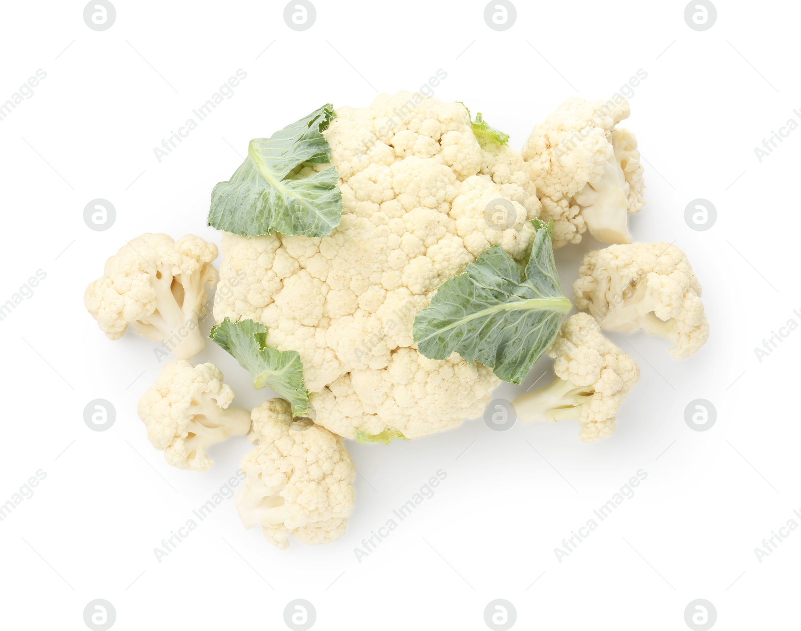 Fresh cauliflower head and pieces of florets isolated on white, top view Photo of Fresh cauliflower head and pieces of florets isolated on white, top view