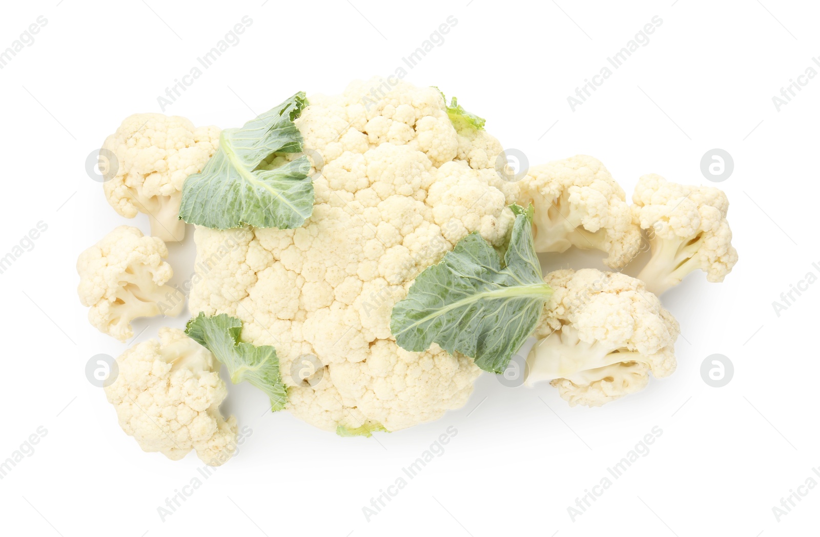 Fresh cauliflower head and pieces of florets isolated on white, top view Photo of Fresh cauliflower head and pieces of florets isolated on white, top view