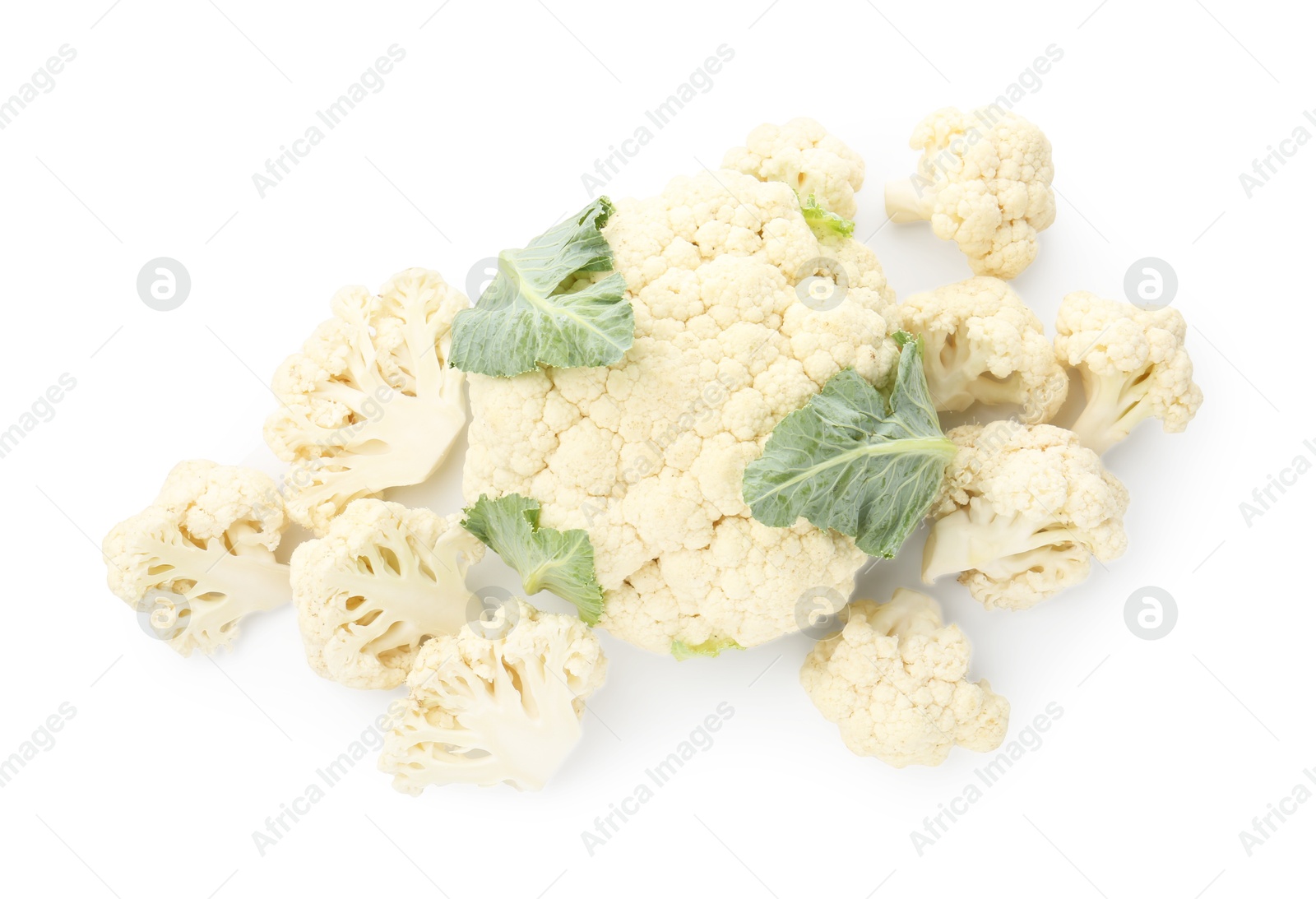 Fresh cauliflower head and pieces of florets isolated on white, top view Photo of Fresh cauliflower head and pieces of florets isolated on white, top view