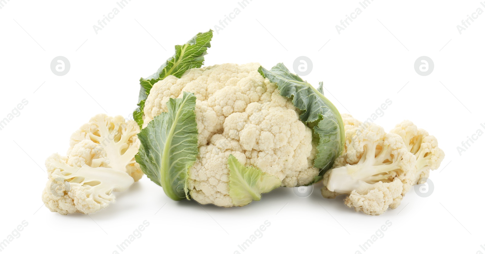 Fresh cauliflower head and pieces of florets isolated on white Photo of Fresh cauliflower head and pieces of florets isolated on white