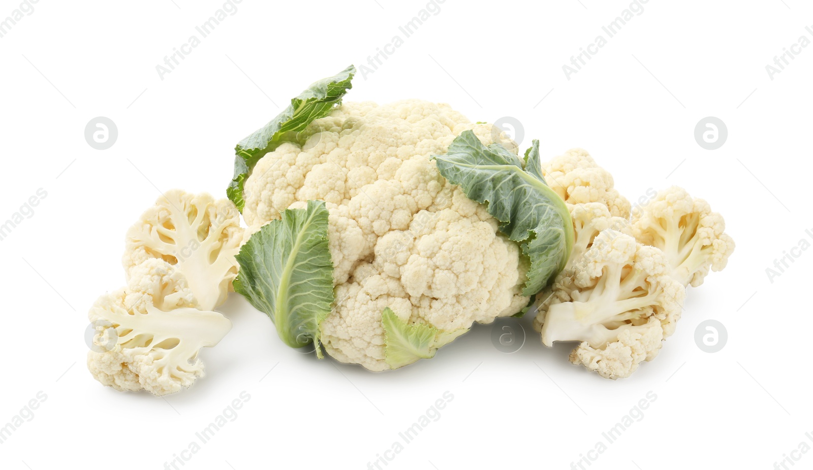 Fresh cauliflower head and pieces of florets isolated on white Photo of Fresh cauliflower head and pieces of florets isolated on white