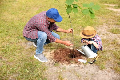 Photo of Father and his son planting tree into soil outdoors