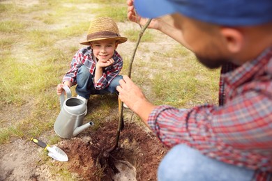 Photo of Father with his son planting and watering tree outdoors, closeup