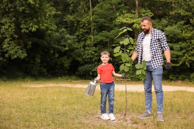 Photo of Father and his son planting tree into soil outdoors, space for text