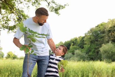 Photo of Father and his son planting tree outdoors, space for text