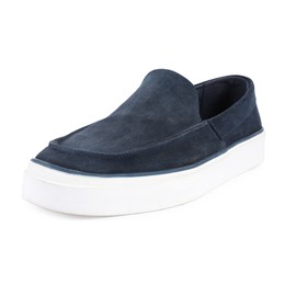 Photo of One stylish dark blue shoe on white background